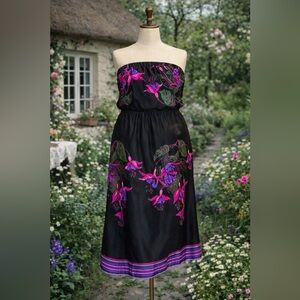 Vintage 1970s Sirena Black & Neon Floral, Strapless, Striped Midi Dress